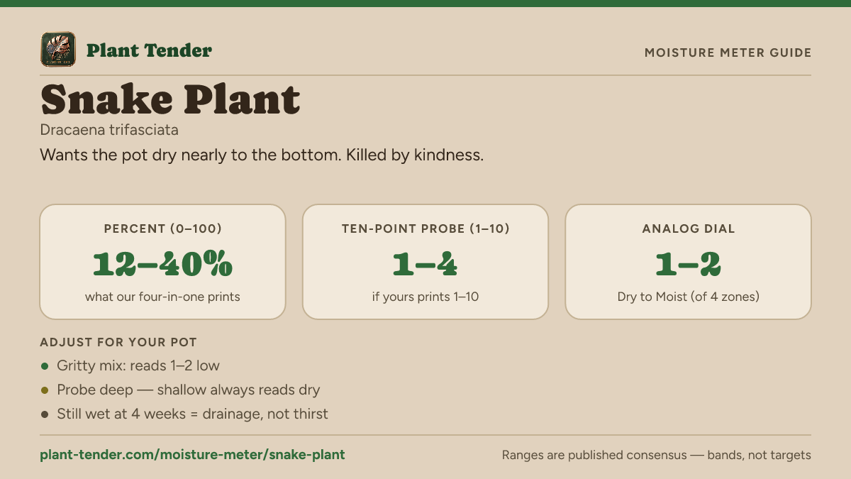 Moisture meter guide for snake plant: target range on the 1–10 probe, the analog dial and percent, plus soil-mix adjustments