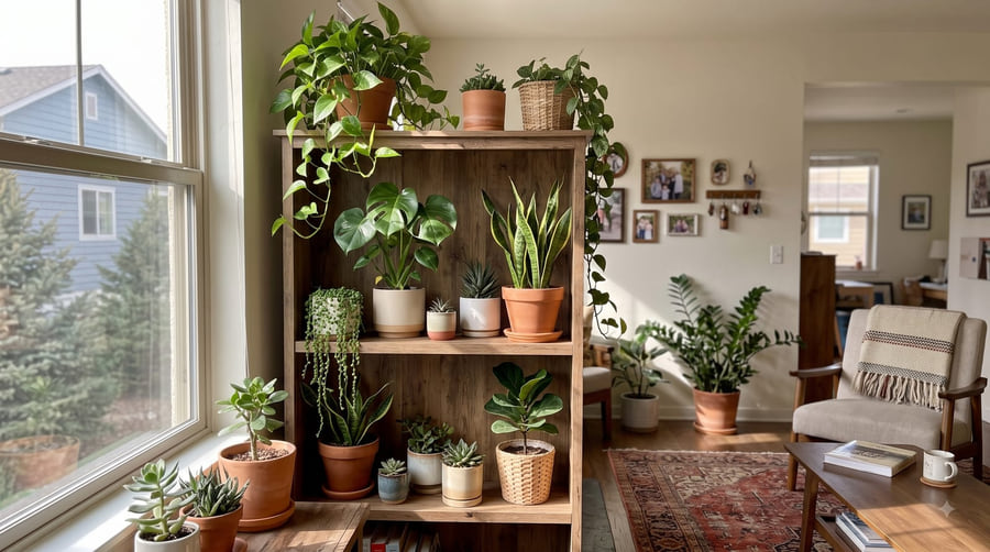 A wooden shelf full of houseplants — pothos, monstera, snake plant, succulents — in real home light beside a window